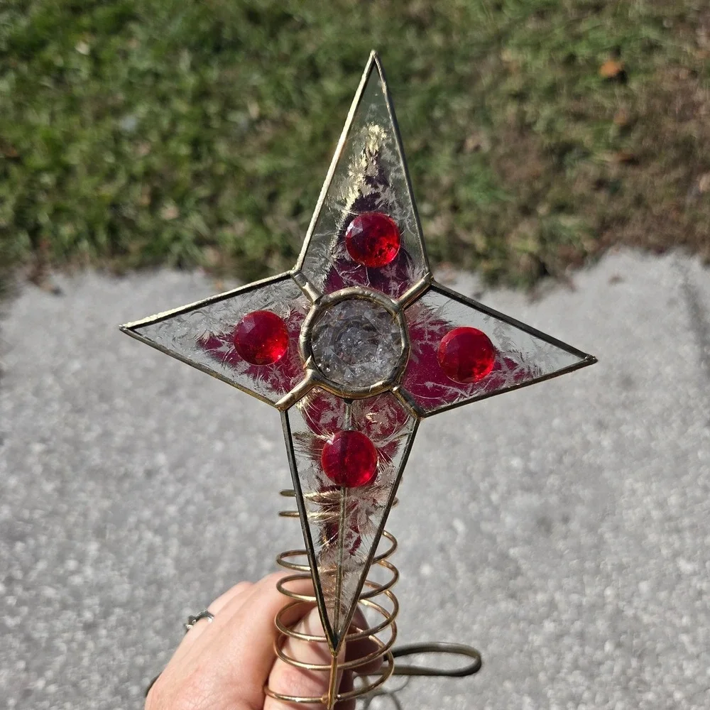 Vintage Tiffany Style‎ Stained Glass Christmas Tree Topper Lighted Red Gold